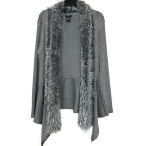 Lauren Michelle Metallic Knit Open Front Cardigan XL Gray/Silver Faux Fur Trim